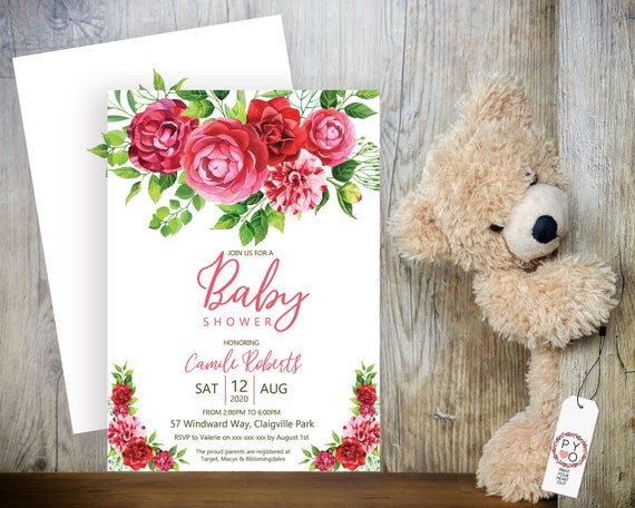 Camelia Garden Baby Shower Invitation, Pink Floral Shower Invitation, Flower Printable Baby Shower, Editable Template, Watercolor Shower