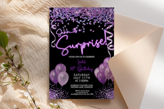 Any Age Neon Purple Its a Surprise Birthday Balloons Invitation Printable Template, Bright Glitter Editable Party Women, Glitter Ribbon Card