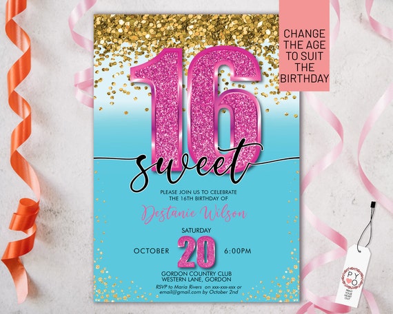 Sweet 16 Pink Glitter Number Party Invitation Printable Template, Gold Glitter Aqua Editable Invite, 16th Birthday,  Any age, change date