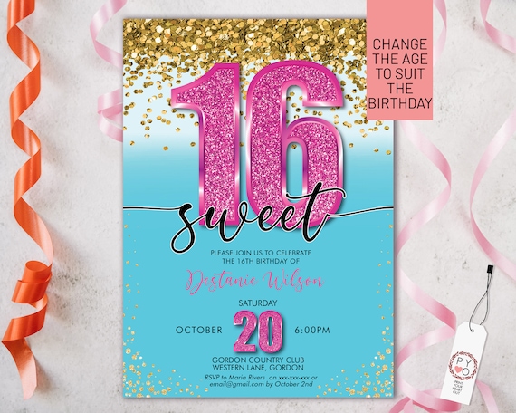 Sweet 16 Pink Glitter Number Party Invitation Printable Template, Gold Glitter Aqua Editable Invite, 16th Birthday,  Any age, change date