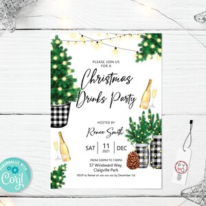 May include: A Christmas Drinks Party invitation with festive illustrations. The design features a Christmas tree, champagne bottles, and string lights. The invitation includes the text "Please join us for a Christmas Drinks Party" and event details.