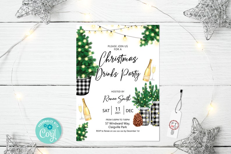 May include: A Christmas Drinks Party invitation with festive illustrations. The design features a Christmas tree, champagne bottles, and string lights. The invitation includes the text "Please join us for a Christmas Drinks Party" and event details.