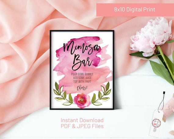 Pink Watercolor Mimosa Sign, Mimosa Bar Sign, Bridal Shower Bar Sign, Baby Shower Sign, Mimosa Bar Sign Printable, Jpg and PDF, Modern Peony