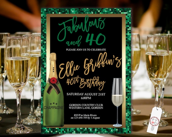 Any Age Emerald Green Gold Birthday Champagne Glass Invitation Printable Template, Foil Editable Elegant Dinner Women, Printable Black Card