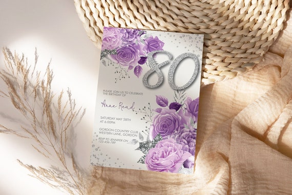 Any Age 50th 60th 70th 80th 90th 100th Birthday Mauve Silver Glitter Number Floral Invitation Template, Lilac Editable Party Invite Women