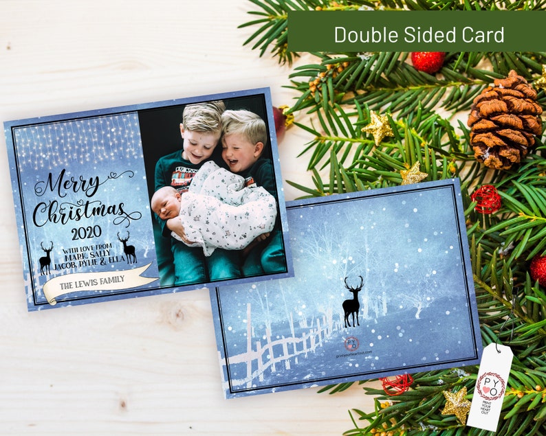 May include: Double-sided Christmas card with a family photo and winter scene. The front features "Merry Christmas 2020" with family names and deer silhouettes. The back shows a deer in a snowy landscape. Festive holiday card.