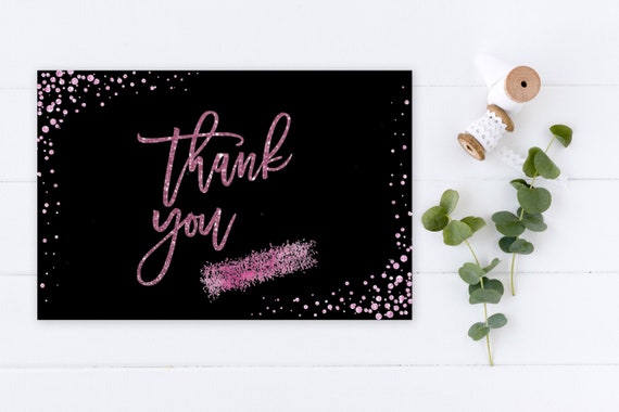 INSTANT DOWNLOAD - Thank You Card, Black Pink Glitter, Wedding Thank You, Printable Thank You Card, Glitter Bridal Shower Thanks, Pink Thank