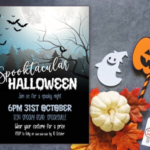 May include: Halloween party invitation with a spooky forest scene, bats, and a full moon. The invitation reads "Spooktacular Halloween" with event details. A white ghost, pumpkin decoration, and fall leaves are also present.