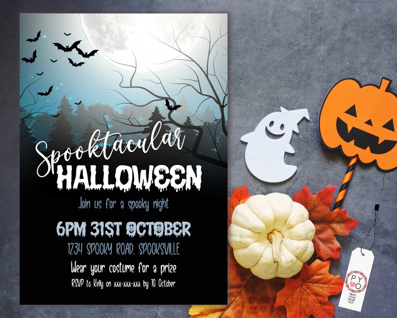 May include: Halloween party invitation with a spooky forest scene, bats, and a full moon. The invitation reads "Spooktacular Halloween" with event details. A white ghost, pumpkin decoration, and fall leaves are also present.