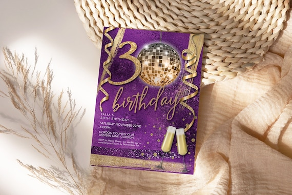 DIY Any Age Birthday Gold Glitter Disco Ball Invitation Printable Template, Purple Mirror 80s Retro Dinner Drinks Party Invite Women