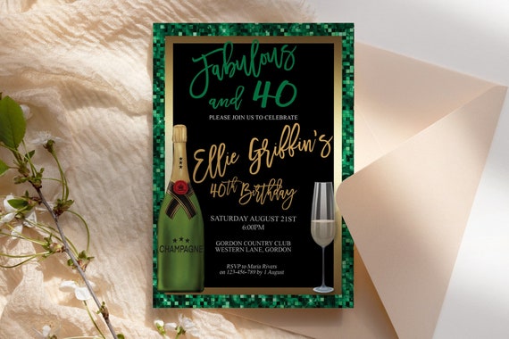 Any Age Emerald Green Gold Birthday Champagne Glass Invitation Printable Template, Foil Editable Elegant Dinner Women, Printable Black Card