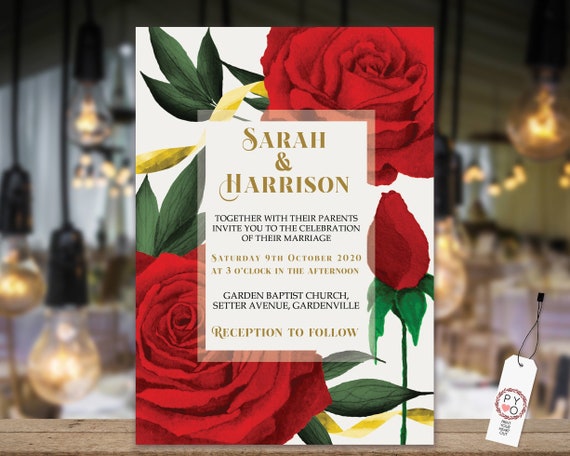 Red Roses Wedding Invitation, Beauty Beast Theme Invitation, Rehearsal Invitation, Watercolor Red Invitation, Printable, Editable Template