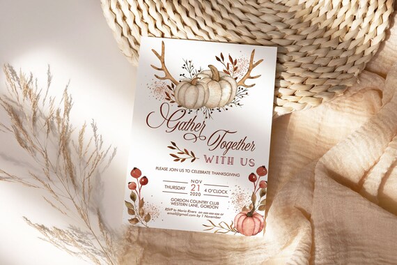 Thanksgiving Gather Together Invitation, Glitter Pumpkin Invite, Friends Family Party at Home, Turkey Dinner, Fall Autumn Pumpkin Leaves