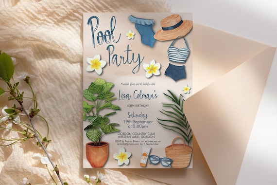 Boho Pool Party Birthday Invitation, Modern Lunch Brunch BBQ Invite, Printable Backyard Party, Tropical Editable Template, Vintage Swimmers