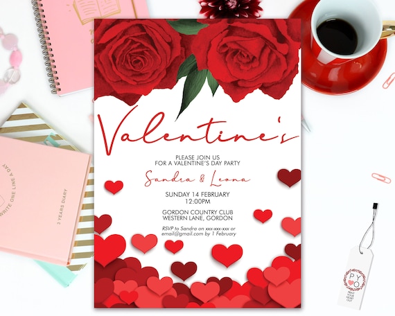 Red Roses Valentine's Day Party Invitation, Red Sweetheart Invitation, Romantic Floral Valentine Invite, Valentine Heart Flyer, Friend Party