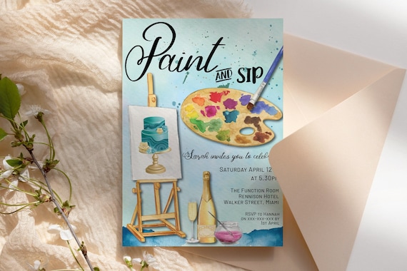 Paint and Sip Blue Gold Invitation Printable, Drinks Editable Birthday Party Women, Printable Card, Champagne Paint Party, Easel, Brushess