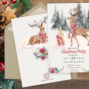 May include: Christmas party invitation featuring watercolor illustrations of a deer and a rabbit wearing scarves. The invitation includes the text "Join us for a Christmas Party" with date, time, and RSVP information. The design incorporates floral and winter elements.
