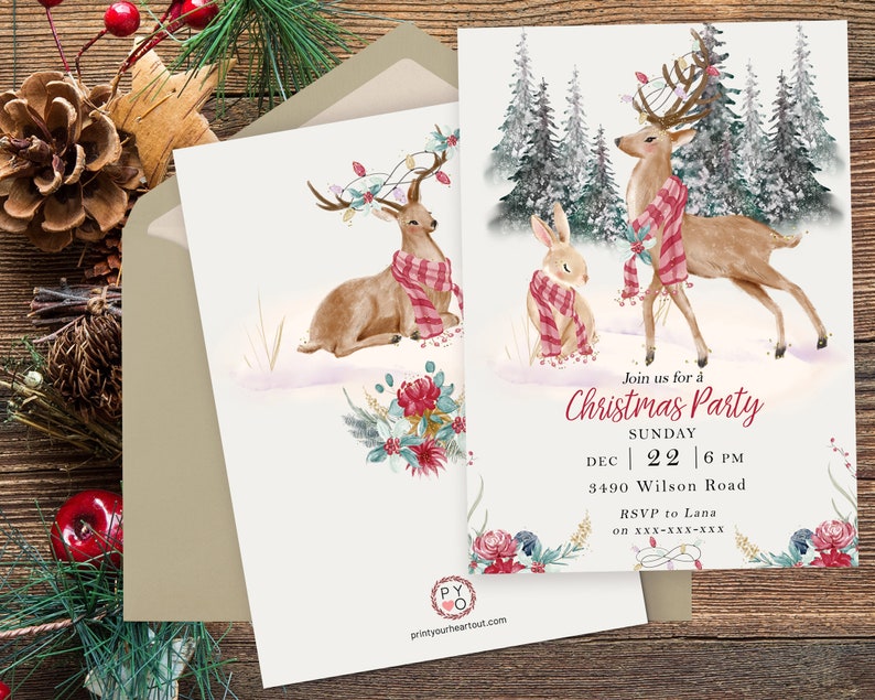 May include: Christmas party invitation featuring watercolor illustrations of a deer and a rabbit wearing scarves. The invitation includes the text "Join us for a Christmas Party" with date, time, and RSVP information. The design incorporates floral and winter elements.