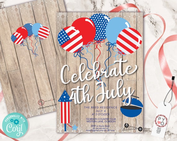 4th July Celebrate BBQ Wood Invitation Printable Template, Red White Blue Editable Party Invite, Printable Independence Day Rustic Invite