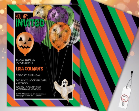 Halloween Birthday Invitation Template, Spooky Balloons (Printable)