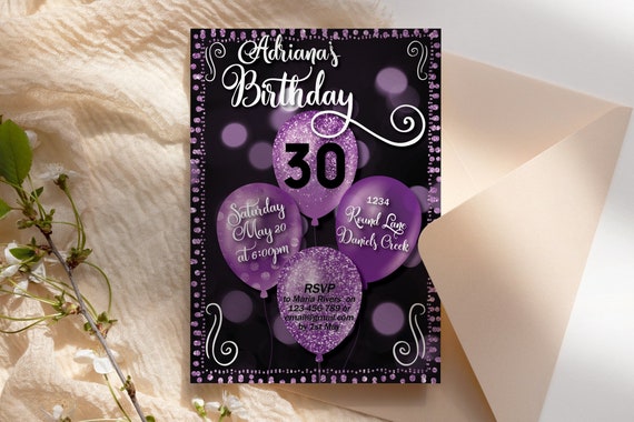 Any Age Purple Birthday Balloons Invitation Printable Template, Black Glitter Editable Text Lavender Birthday Party Invite, Printable Card