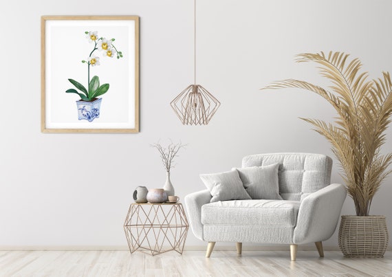 Blue Hamptons Vase Orchid Art Digital Print | Printable Flowers Art | Still Life Art Print | White Botanical Wall Art | Blue China Print