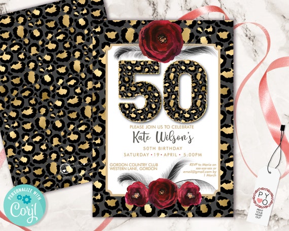 DIY 50th Birthday Leopard Feather Invitation Printable Template, Black Gold Animal Print Editable Birthday Party Invitation, Printable