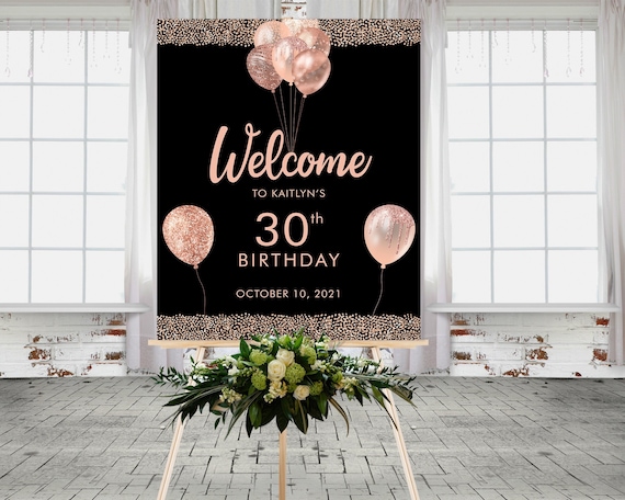 Rose Gold Birthday Balloons Welcome Sign Printable Template, Black Gold Glitter Editable Birthday Party Sign for Women, Printable 18x24