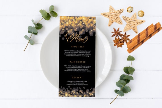 Elegant Gold Lights Party Menu, Gold Glitter Invitation, Sparkling Dinner, Friends Family Party at Home, Shimmering