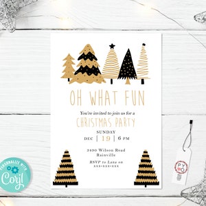 K&ouml;nnte beinhalten: Eine wei&szlig;e Weihnachtsparty-Einladung mit gold- und schwarz illustrierten Weihnachtsb&auml;umen. Der Text lautet "OH WHAT FUN" und enth&auml;lt Party-Details. Ein Etikett mit einem Herzlogo ist angebracht.