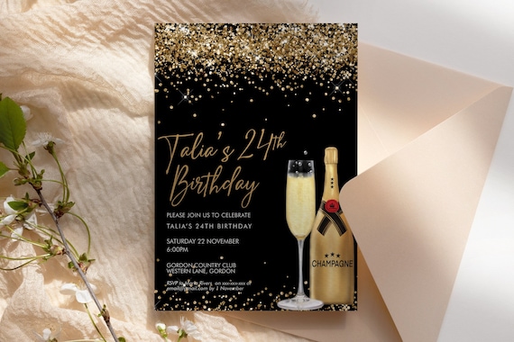 Gold Champagne Glitter Invitation Printable Template, Drinks Cocktails Glitter Editable Birthday Party Invitation for Women, Printable Card