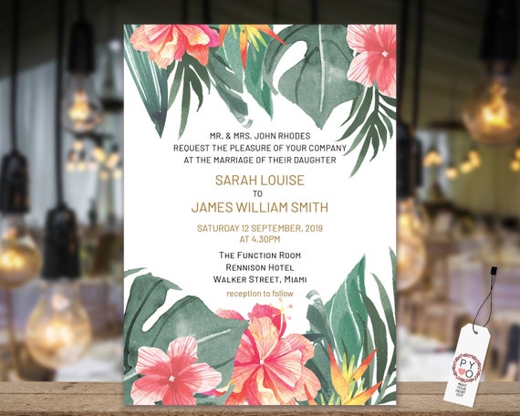 Tropical Leaves Wedding Invitation, Orange Hibiscus Invitation, Reception Invitation, Beach Invitation, Printable, Double Sided Template
