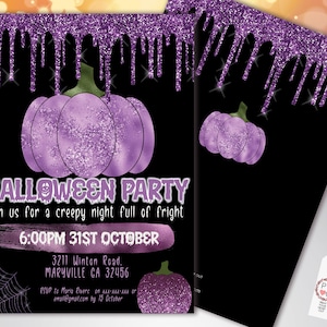 May include: Halloween party invitation with a purple glitter design. The invitation features a purple pumpkin, dripping glitter, and the text "Halloween Party" with event details. The background is black.