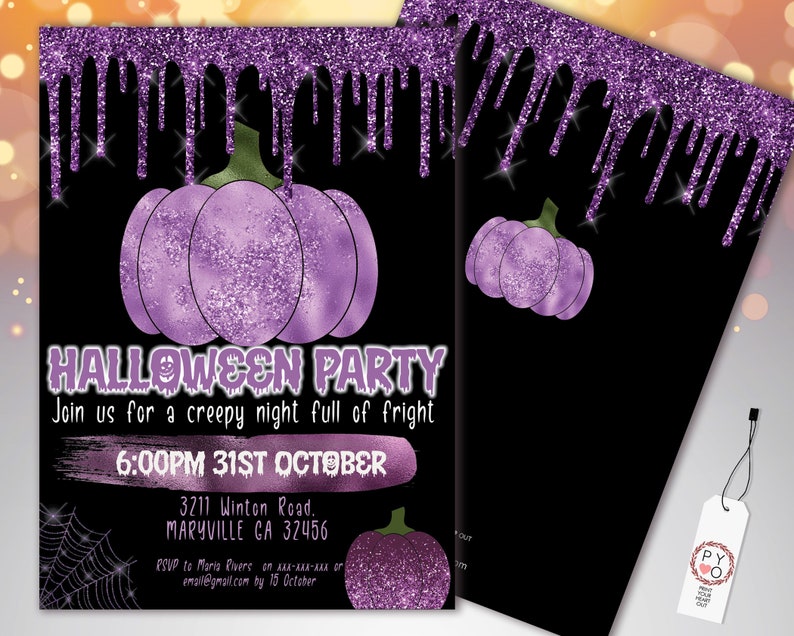 May include: Halloween party invitation with a purple glitter design. The invitation features a purple pumpkin, dripping glitter, and the text "Halloween Party" with event details. The background is black.