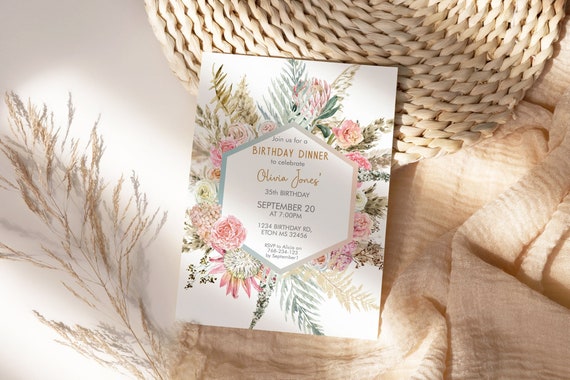 Pink Protea Pampas Grass Birthday Invitation,  Dried Foliage Palm Leaves Invitation, Printable Dinner Party, Editable Template for Women