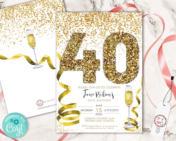 Gold 40th Birthday Confetti Champagne Invitation Template, White Glitter Editable Birthday Party Invitation, Printable Forty Invite