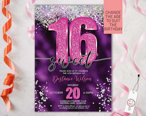 Sweet 16 Pink Glitter Number Party Invitation Printable Template, Holographic Glitter Purple Invite, 16th Birthday,  Any age, change date