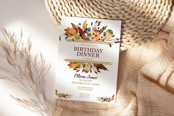 Autumn Leaves Birthday Invitation,  Fall Foliage Invitation, Printable Dinner Lunch Party, Editable Template for Women, Rust Brown Leaf