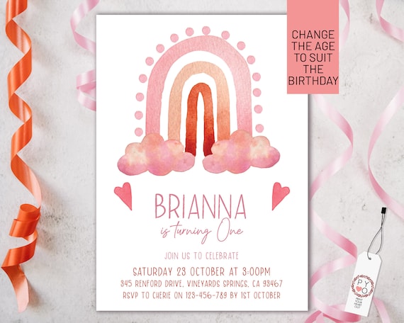 Pink Rainbow Girls Birthday Party Invitation Printable Template, One Editable Invite, First Birthday, Watercolor Cute Invite Girls, Any Age