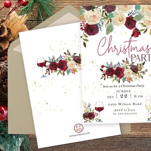 May include: A Christmas party invitation featuring a floral design in burgundy, cream, and green. The invitation includes the text "Christmas Party", date, time, and RSVP details. An envelope is included.