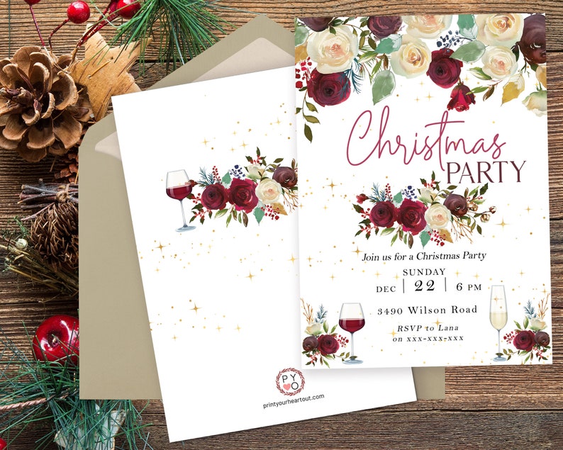 May include: A Christmas party invitation featuring a floral design in burgundy, cream, and green. The invitation includes the text "Christmas Party", date, time, and RSVP details. An envelope is included.
