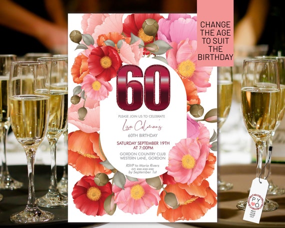 Any Age Number Poppies Red Pink Orange Floral Invitation Printable Template, Poppy Editable Birthday Party Invite Women, Printable Card