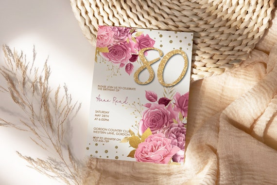 Any Age 50th 60th 70th 80th 90th 100th Birthday Pink Gold Glitter Number Floral Invitation Template, Eighty Editable Party Invite Women