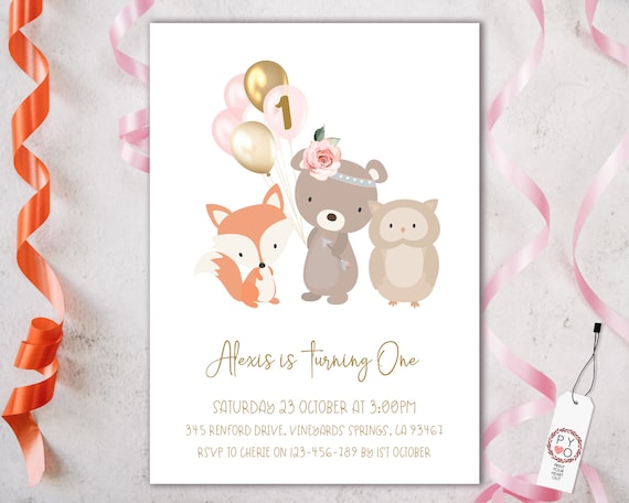 1st Birthday Forest Animals Balloons Invitation Printable Template, One Editable Invitation, Bear Fox Balloons First Birthday, Pastel Floral