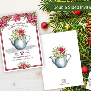 K&ouml;nnte beinhalten: Doppelseitige Weihnachtseinladung mit einer Aquarellillustration einer Teekanne gef&uuml;llt mit Weihnachtssternen und anderen Blumen. Die Einladung enth&auml;lt den Text "Please join us for a Christmas Morning Tea" und Veranstaltungsdetails.