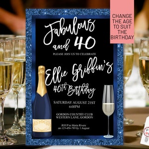Jedes Alter Marineblau Gold Geburtstag Champagner Glas Einladung druckbare Vorlage, dunkel Glitzer Bearbeitbar Geburtstagsessen Frauen, druckbare Karte