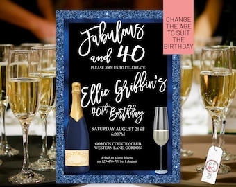Any Age Navy Blue Gold Birthday Champagne Glass Invitation Printable Template, Dark Glitter Editable Birthday Dinner Women, Printable Card