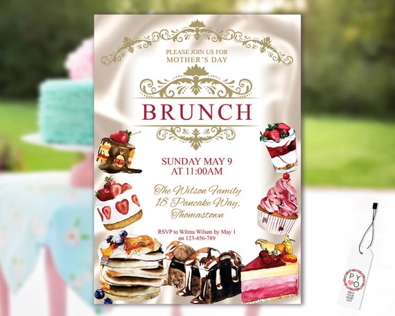 Mother's Day Brunch Cakes Desserts Invitation Printable Template, Ivory Satin Gold Editable Dinner Invite for Mom, Printable High Tea Card