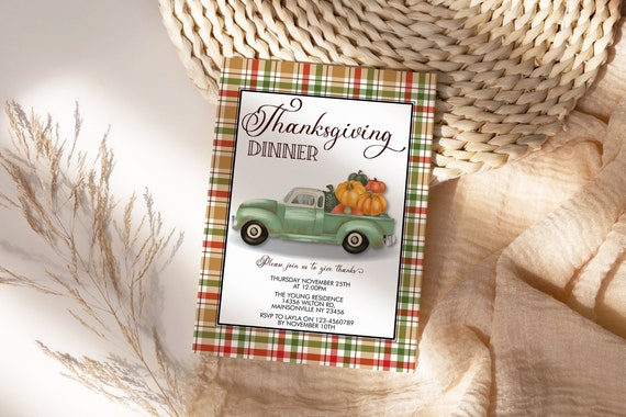 Thanksgiving Dinner Party Invitation, Old Truck Pumpkin Invite, Friends Family Party at Home, Turkey Dinner Invite, Fall Autumn Plaid Colors