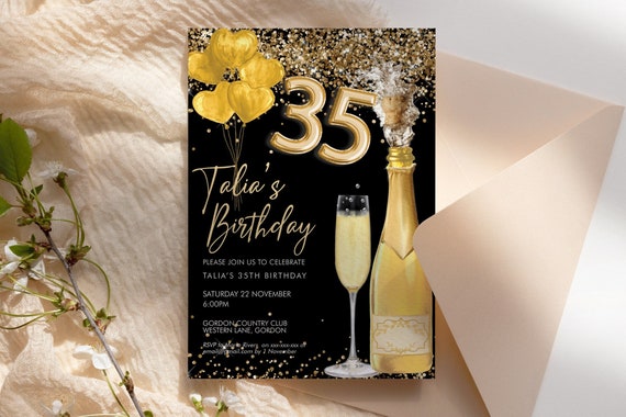 Gold Champagne Foil Balloon Number Glitter Invitation Printable Template, Drinks Editable Birthday Party Invitation Women, Printable Card